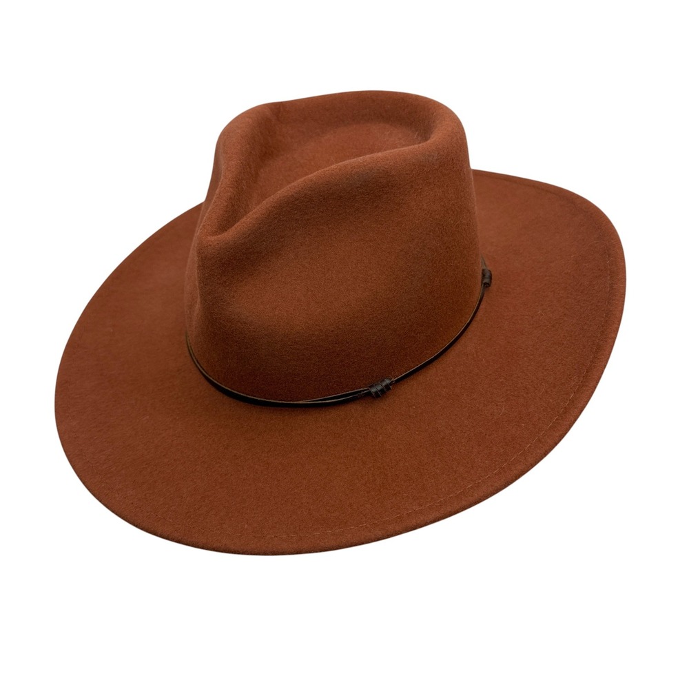 Wyeth London Hat Womens S Rust Wool Panama Wide Brim Fedora Leather Band
